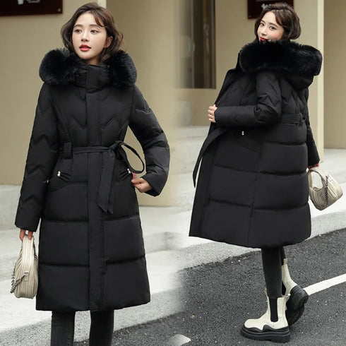 Big Fur Collar Thick Slim Coat Fashion Hooded Cotton Outerwear Long Winter Woman Coat Women's Down Parkas Winter Jacket